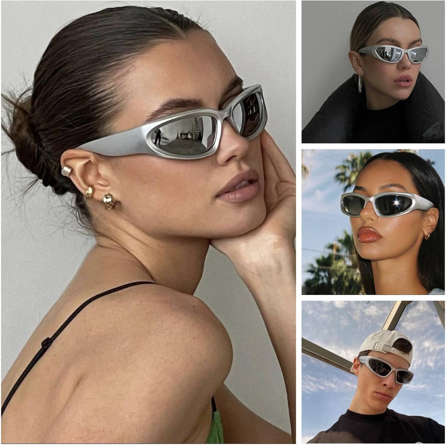 3 Pairs Y2K Wrap Around Sunglasses Trendy Silver Glasses Oval Black Shades Sporty Futuristic Aesthetic for Women Men Rave - Image 2