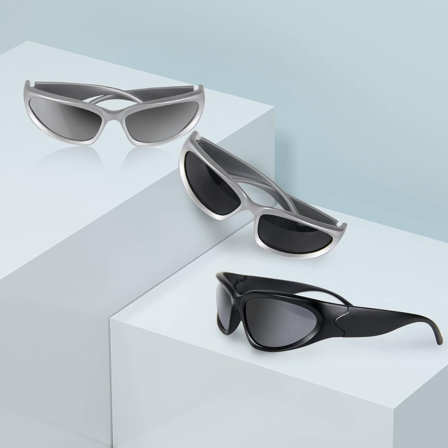 3 Pairs Y2K Wrap Around Sunglasses Trendy Silver Glasses Oval Black Shades Sporty Futuristic Aesthetic for Women Men Rave - Image 6