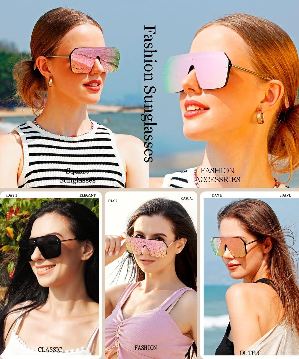 BOJOD Oversized Sunglasses for Women Trendy One Piece Flat Top Rimless Sunglasses Siamese Big Large Shades - Image 2