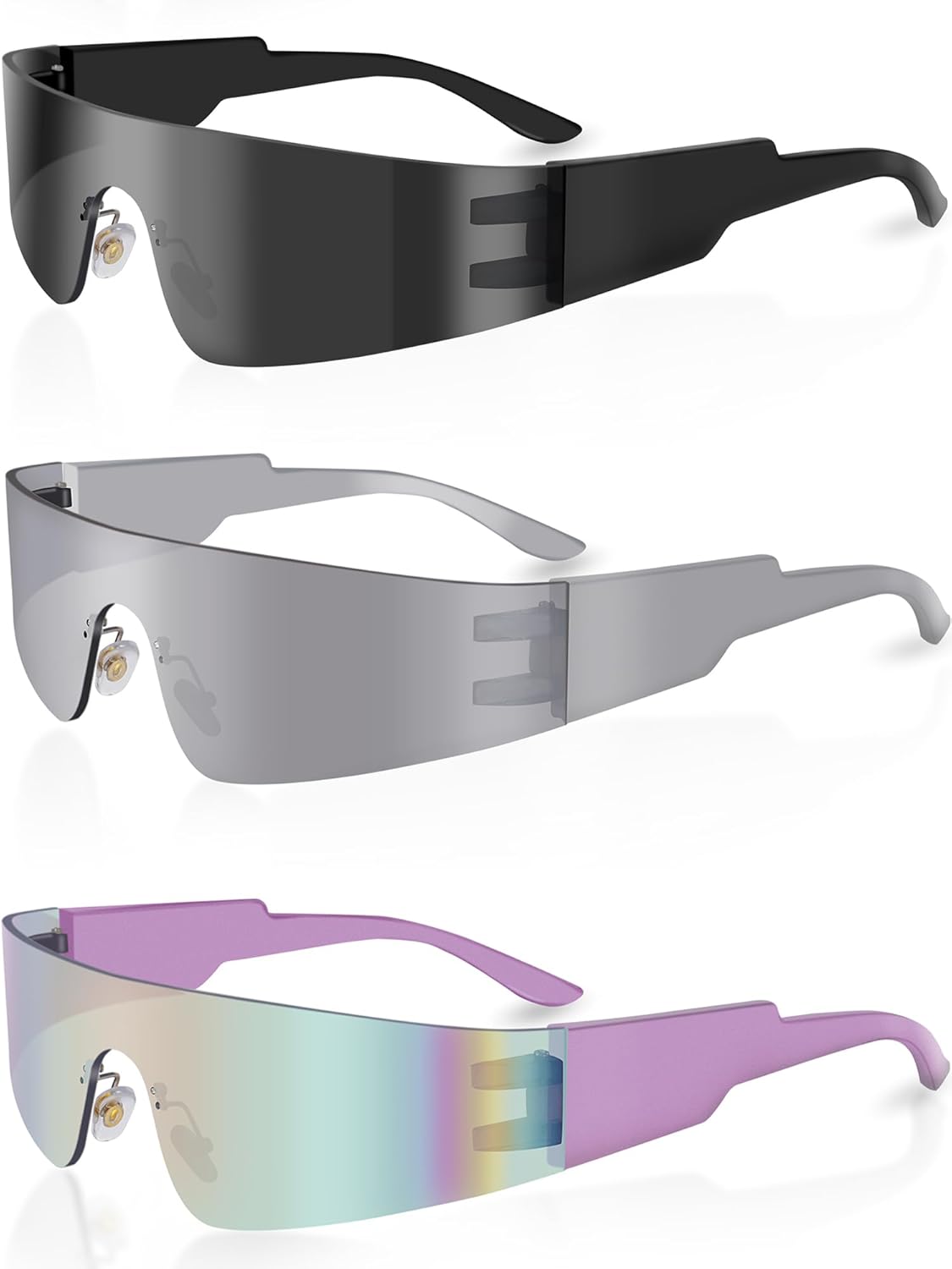 Futuristic Wrap Around Sunglasses Y2K Silver Trendy Rimless Glasses Cyberpunk Eyewear for Women Men Rave Party