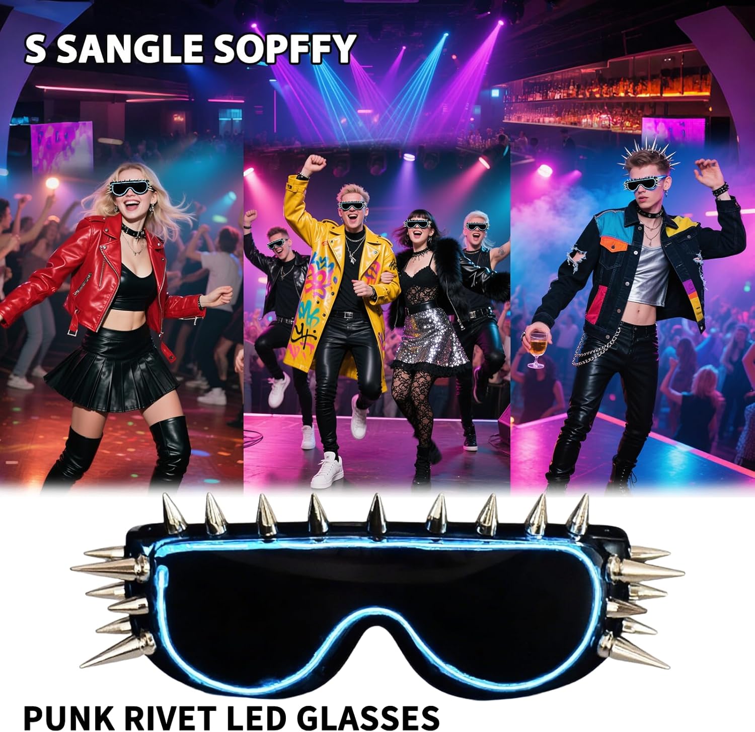 LED Punk Sunglasses Gothic Sunglasses - Glow in the Dark Glasses for Rave Party, Cyberpunk Style, Perfect for Halloween Costumes, Cosplay Events & Night Parties, Wired with Battery Power - Image 5