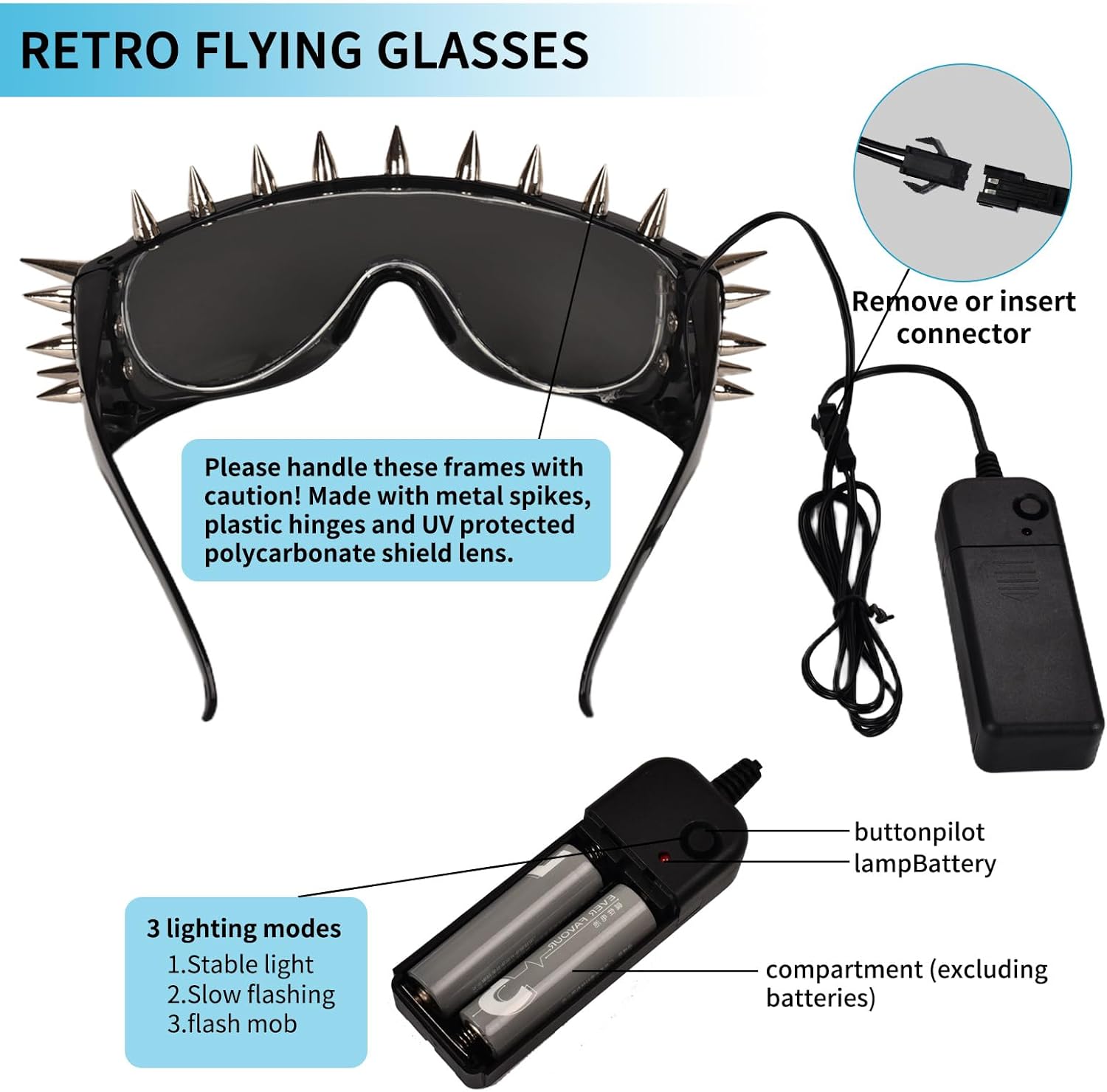 LED Punk Sunglasses Gothic Sunglasses - Glow in the Dark Glasses for Rave Party, Cyberpunk Style, Perfect for Halloween Costumes, Cosplay Events & Night Parties, Wired with Battery Power - Image 4