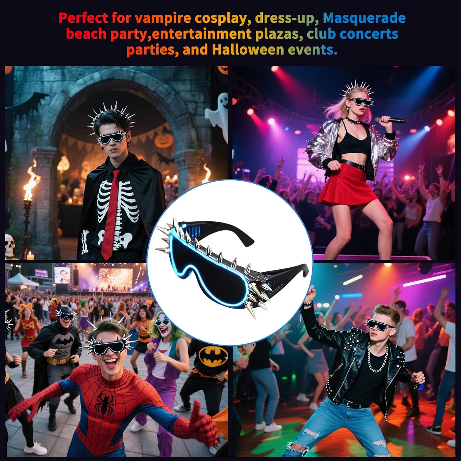LED Punk Sunglasses Gothic Sunglasses - Glow in the Dark Glasses for Rave Party, Cyberpunk Style, Perfect for Halloween Costumes, Cosplay Events & Night Parties, Wired with Battery Power - Image 6