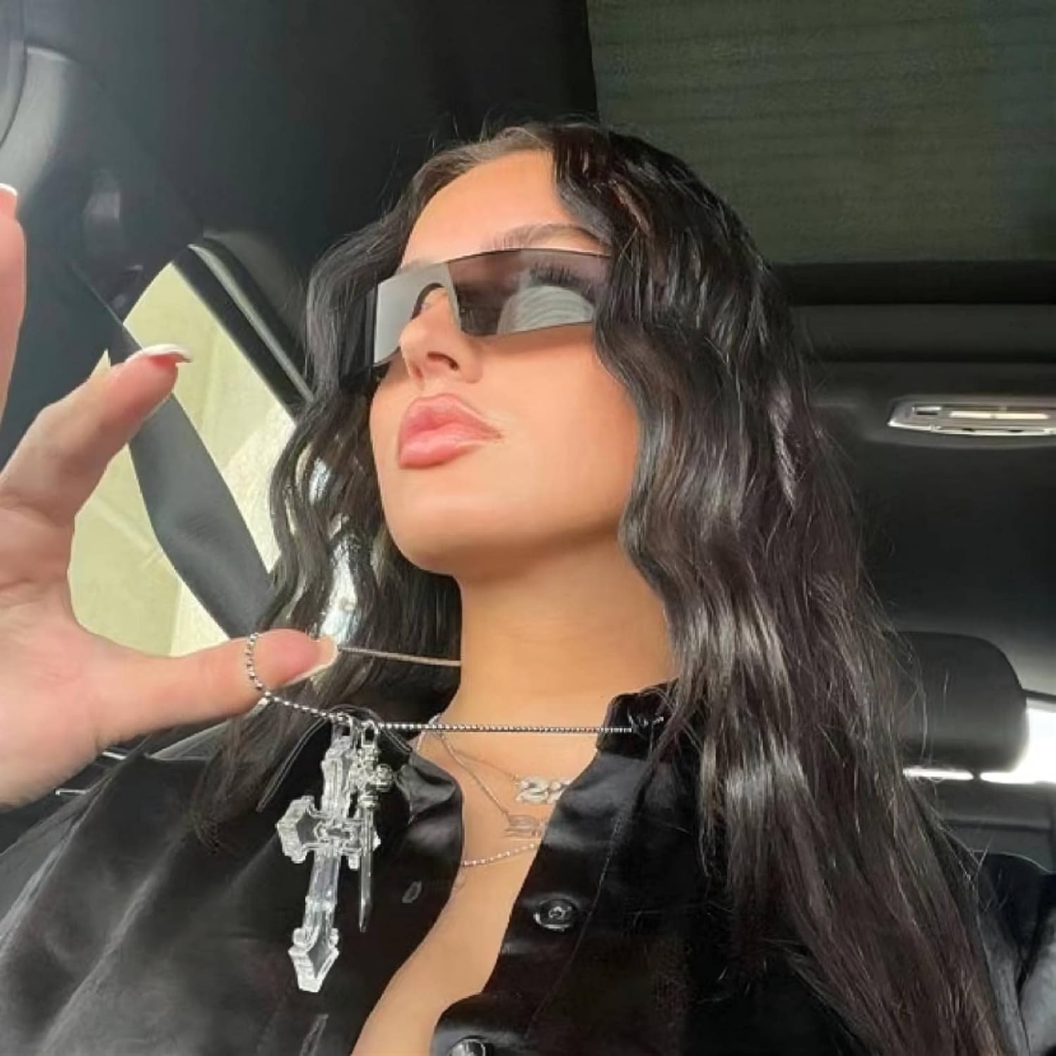 milramtob Futuristic Wrap Around Sunglasses Y2K Silver Trendy Rimless Glasses Cyberpunk Eyewear for Women Men Rave Party - Image 6