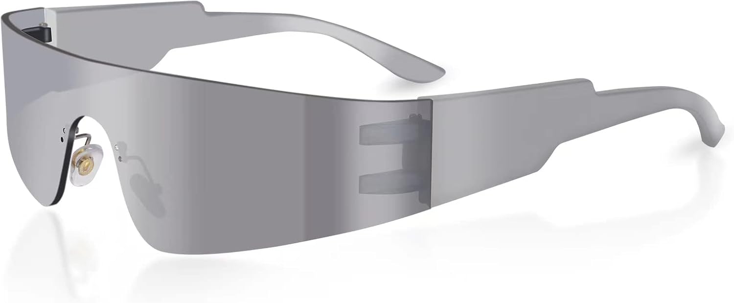 milramtob Futuristic Wrap Around Sunglasses Y2K Silver Trendy Rimless Glasses Cyberpunk Eyewear for Women Men Rave Party