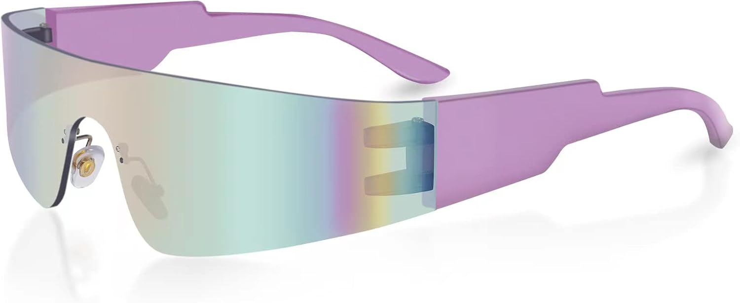 milramtob Futuristic Wrap Around Sunglasses Y2K Silver Trendy Rimless Glasses Cyberpunk Eyewear for Women Men Rave Party - Image 8