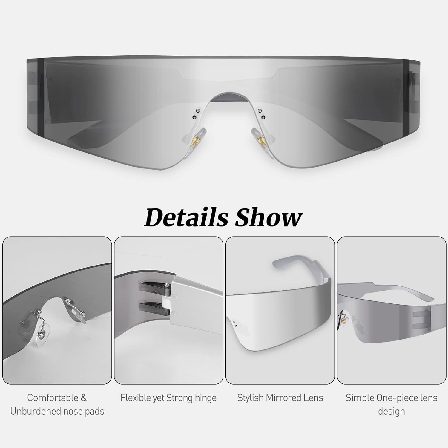 milramtob Futuristic Wrap Around Sunglasses Y2K Silver Trendy Rimless Glasses Cyberpunk Eyewear for Women Men Rave Party - Image 3