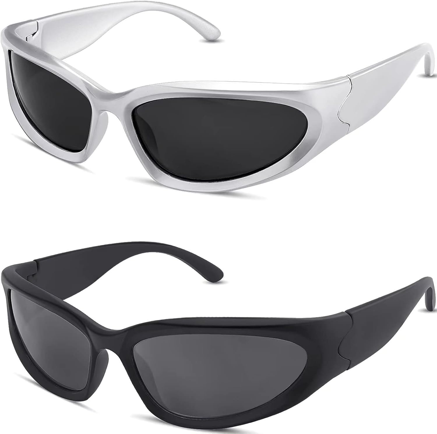 milramtob Y2K Wrap Around Sunglasses Trendy Silver Glasses Retro 90s Shades Women Futuristic - Image 7