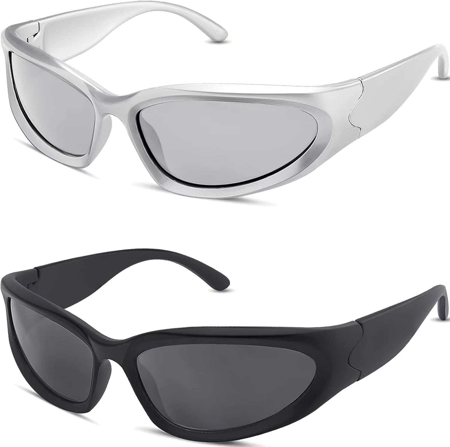 milramtob Y2K Wrap Around Sunglasses Trendy Silver Glasses Retro 90s Shades Women Futuristic