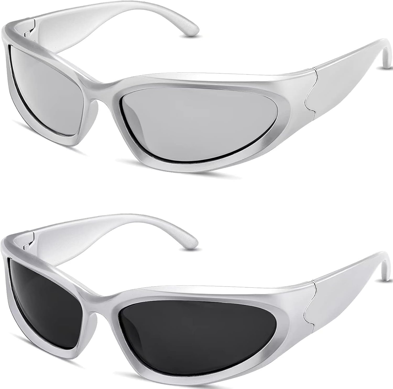 milramtob Y2K Wrap Around Sunglasses Trendy Silver Glasses Retro 90s Shades Women Futuristic - Image 8