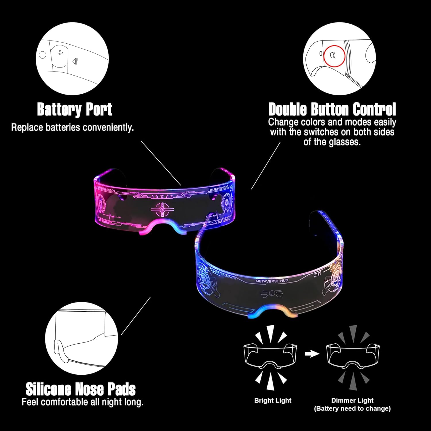 Oybete Light Up Glasses LED Glass Futuristic Sunglasses Glowing In Dark For Adults Kids i##e##s: 2 pack ^^ For Party ^^ 7 Color ^^ Neon Glasses ^^ Accessories ^^ Gifts ^^ Elegant Style :i##e##s - Image 5
