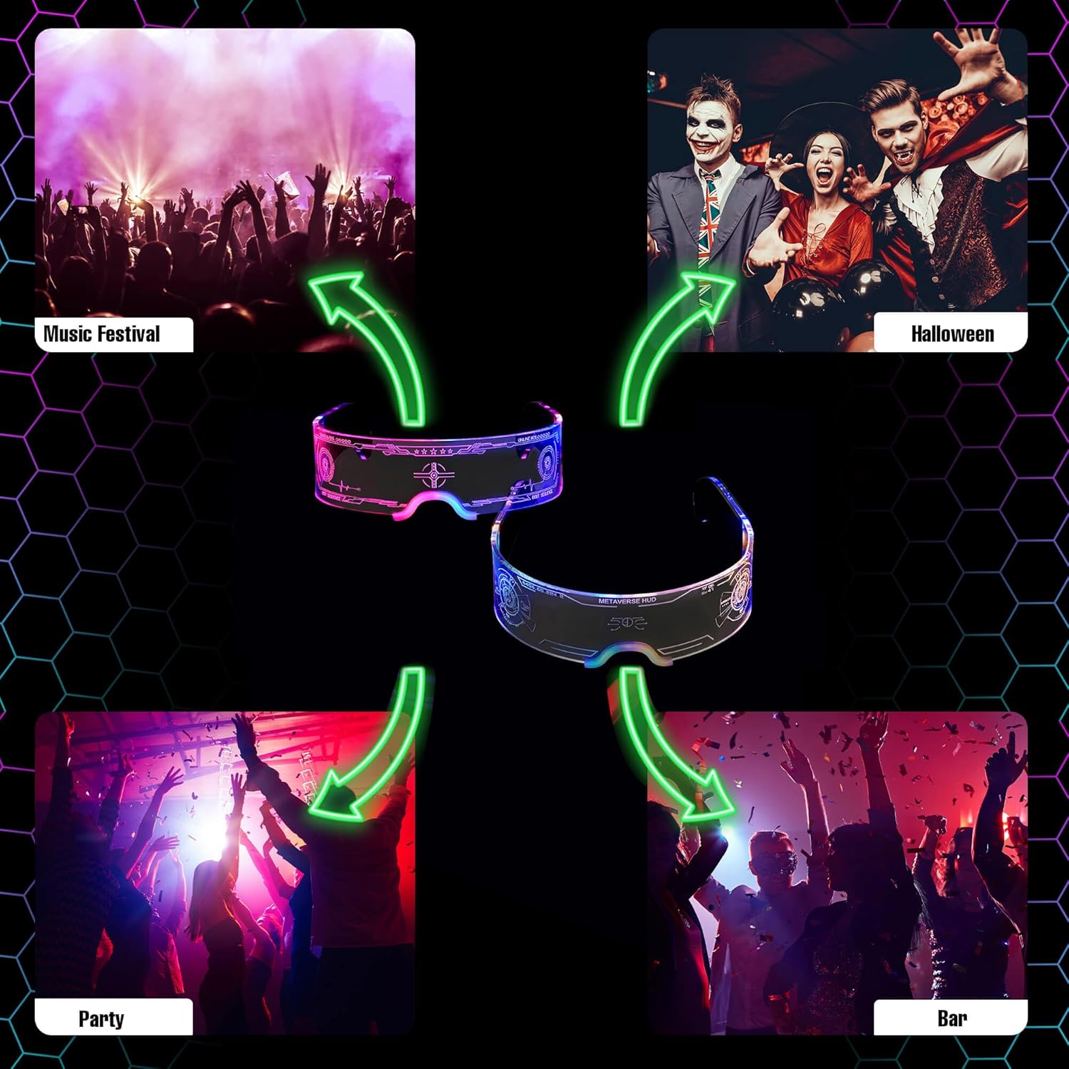 Oybete Light Up Glasses LED Glass Futuristic Sunglasses Glowing In Dark For Adults Kids i##e##s: 2 pack ^^ For Party ^^ 7 Color ^^ Neon Glasses ^^ Accessories ^^ Gifts ^^ Elegant Style :i##e##s - Image 3