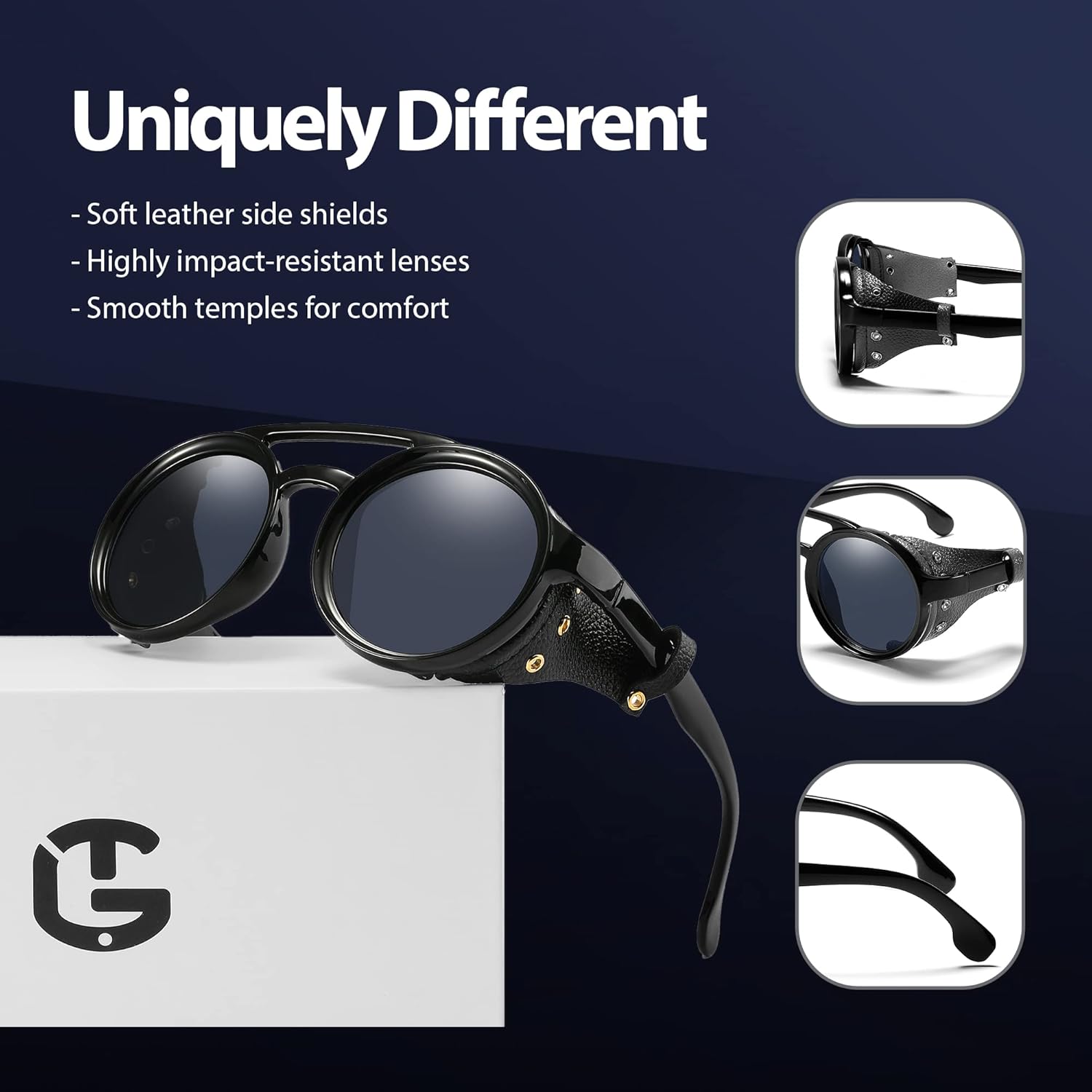 Technigadgets Finnegan Steampunk Retro Sunglasses Men Women with Leather Side Shield Double Bridge Plastic Frame Mens Gift - Image 3
